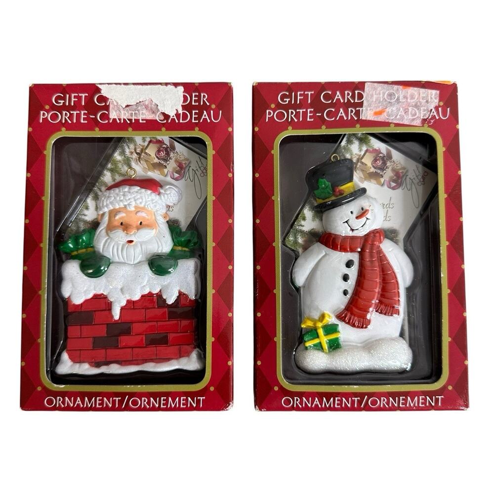 American Greetings Snowman and Santa Plastic Gift Card Holder Ornaments Vintage